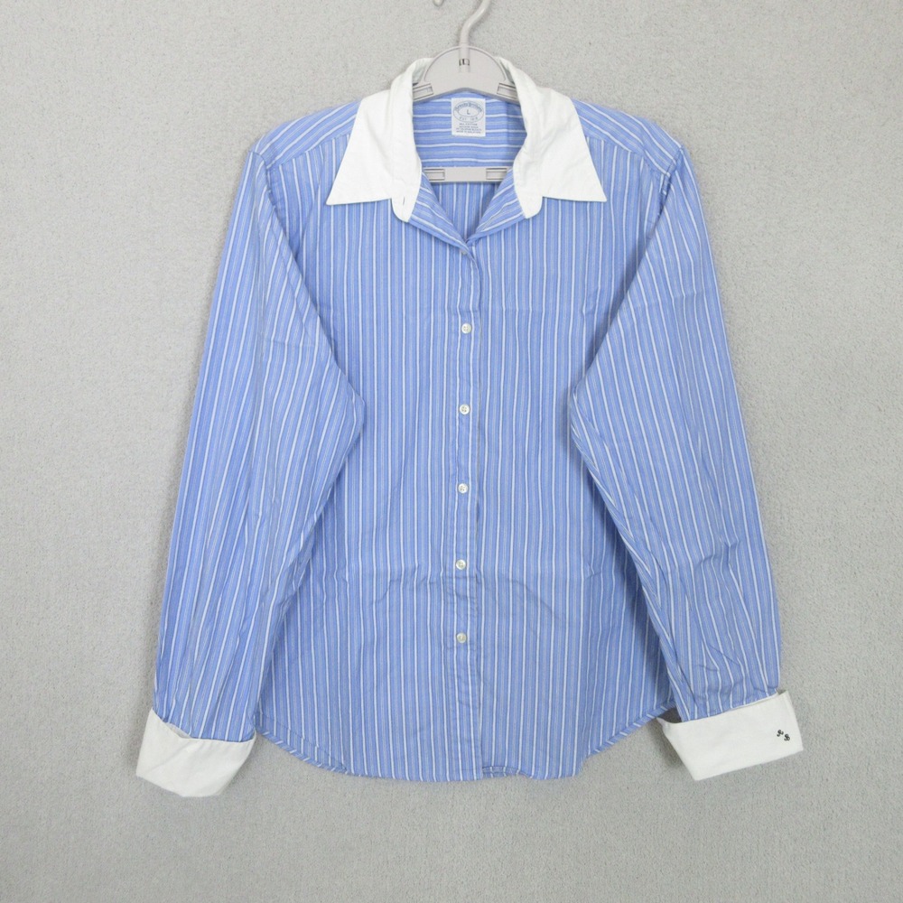 Brooks Brothers Womens Blue White Striped Button Down Shirt White Collar Size L